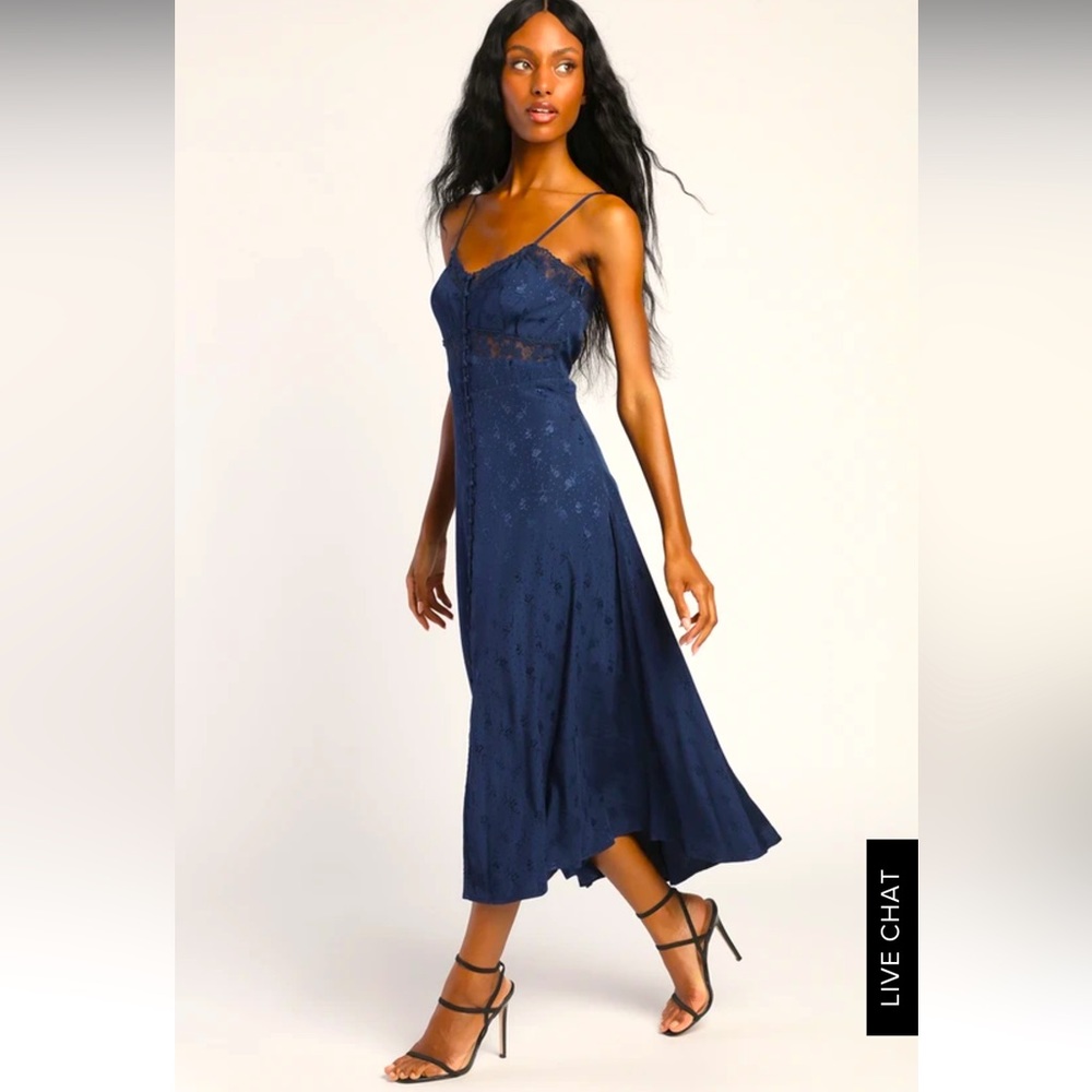 Classically Elegant Navy Blue Satin Jacquard Lace Midi Dress size S